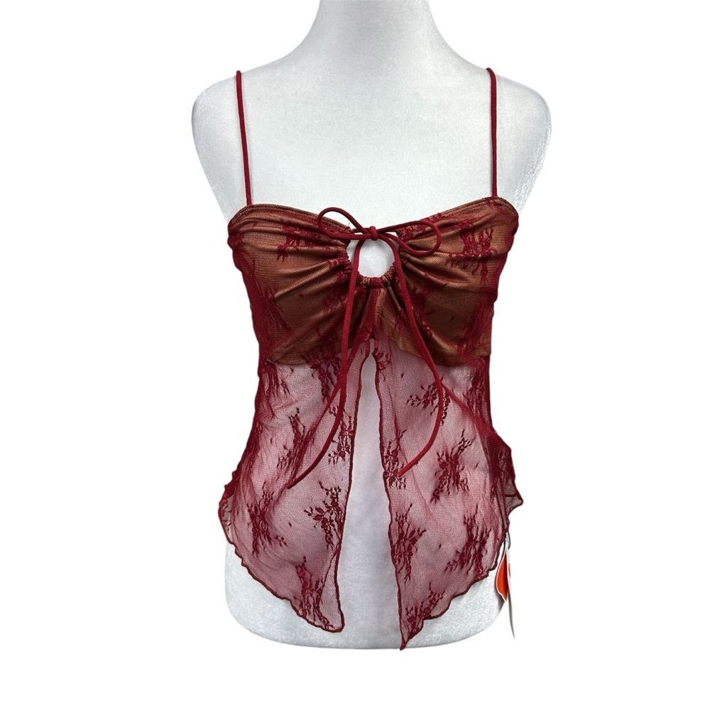 NEW Cider Tie Slit Front Lace Cami Sheer Keyhole Blouse Sz L Red